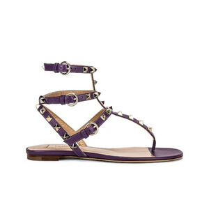 Valentino Garavani Rockstud Caged Leather Flat Ankle Strap Sandals Purple 39
